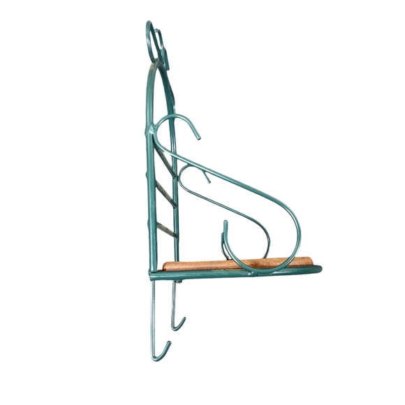 Pair of Metal Wall Hanging Shelves Green Metal Wood Base Hooks On Bottom 12x7x6 - Picture 5 of 7
